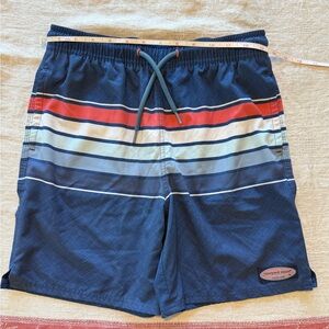 Vineyard Vines Kids Navy and Red Striped Swim Trunks